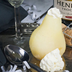 Champagne Pears Filled With Cheesecake And Champagne Drizzle